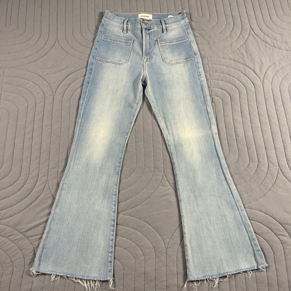 FRAME Le Bardot Crop Flare Jeans Crestmont Light Wash High Rise Patch Pocket 24